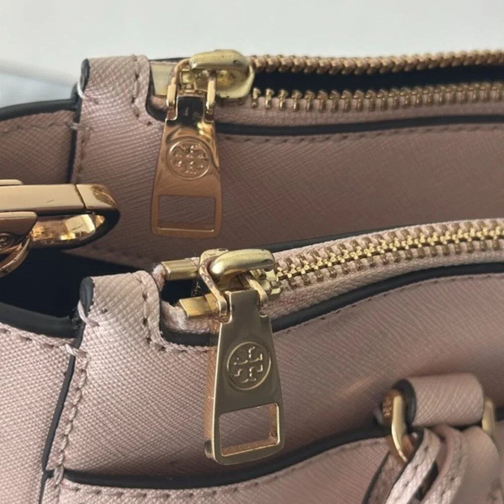 Tory Burch Double Zip Saffiano Leather Pink Tote Handbag Cossbody